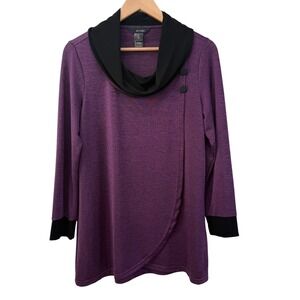 Ali Miles Crossover Front Cowl Neck Tunic Top Sz M Purple Black Slinky Lagenlook